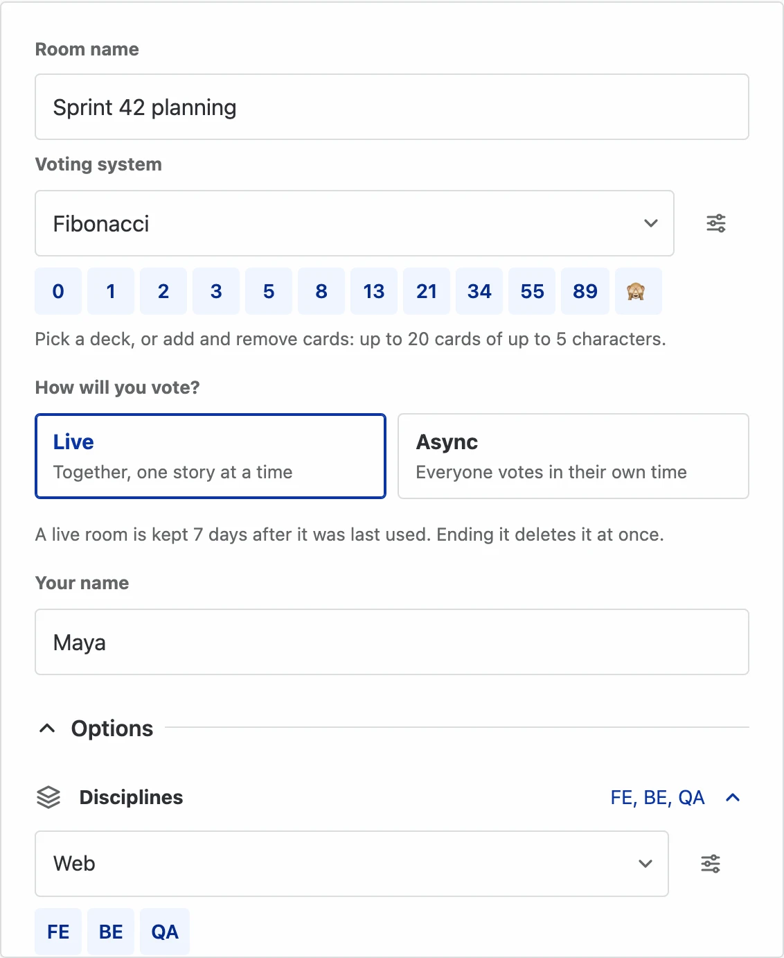 The create-room form: room name, the voting system with its cards, a choice between Live and Async, your name, and options such as disciplines