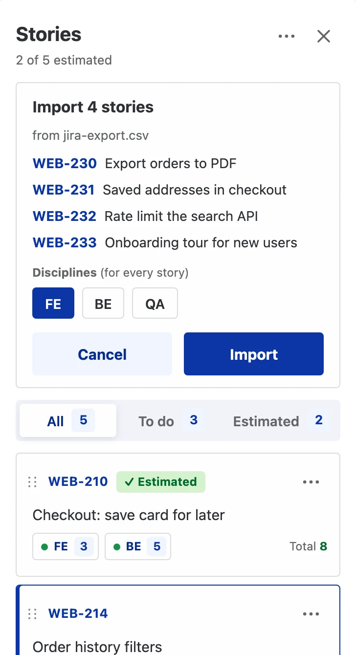 Importing four stories from jira-export.csv: a preview of the tickets and titles, a choice of disciplines, and an Import button