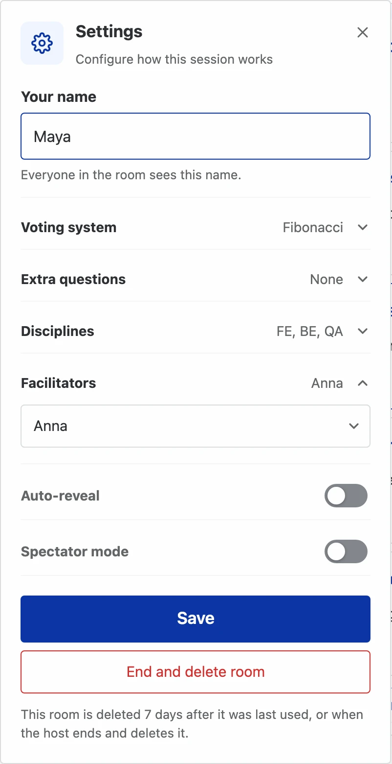 Room Settings for the host: their name, the voting system, extra questions, the disciplines FE, BE and QA, Anna chosen as a facilitator, an auto-reveal switch, spectator mode, Save, End and delete room, and when the room is deleted